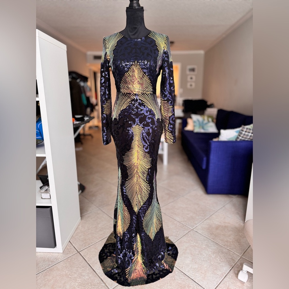 Elegant Black and Blue Sequin Long-Sleeve Evening Gown with Gold Accents